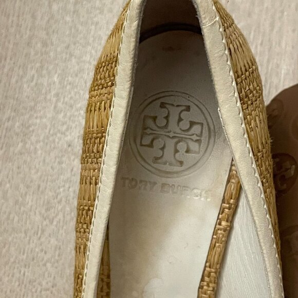 Tory Burch Sally Raffia Straw Pumps Wedge Sole Logo Women's 7.5M Beige - Picture 7 of 10
